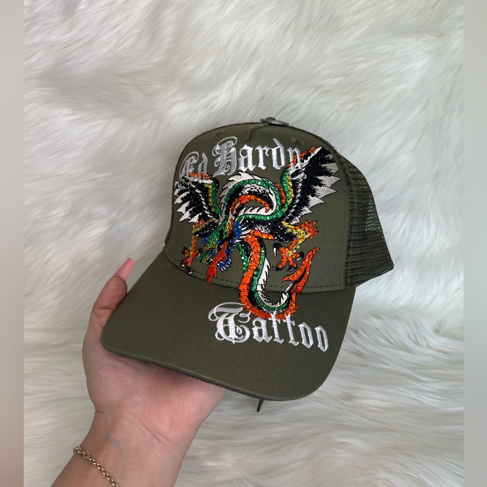 Ed Hardy Olive Rhinestone Dragon Trucker Hat